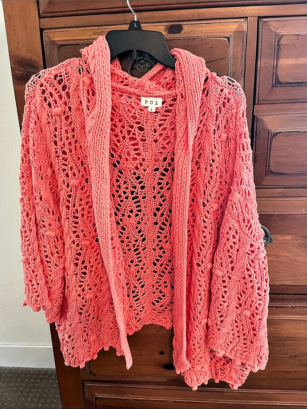 POL Open Knit Hooded Cardigan Pink Large NWOT